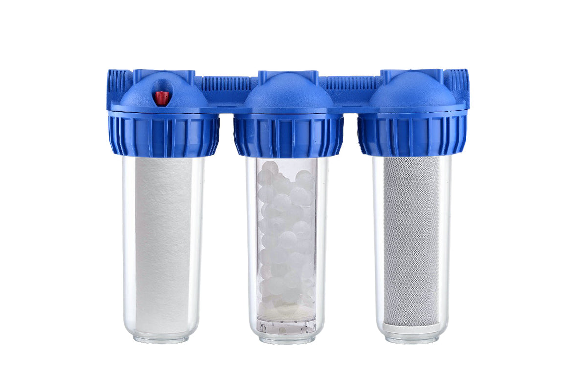 Filtro Triple - CONTENEDOR TRIPLE 10" CON CARTUCHOS DE FILTROS - 1"X 1" - 8 BAR